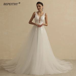 BEPEITHY-진짜 이미지 섹시한 딥 브이 넥 웨딩 드레스, 여성 2022 신부 A 라인 오픈 백 보헤미안 신부 파티 가운, 민소매