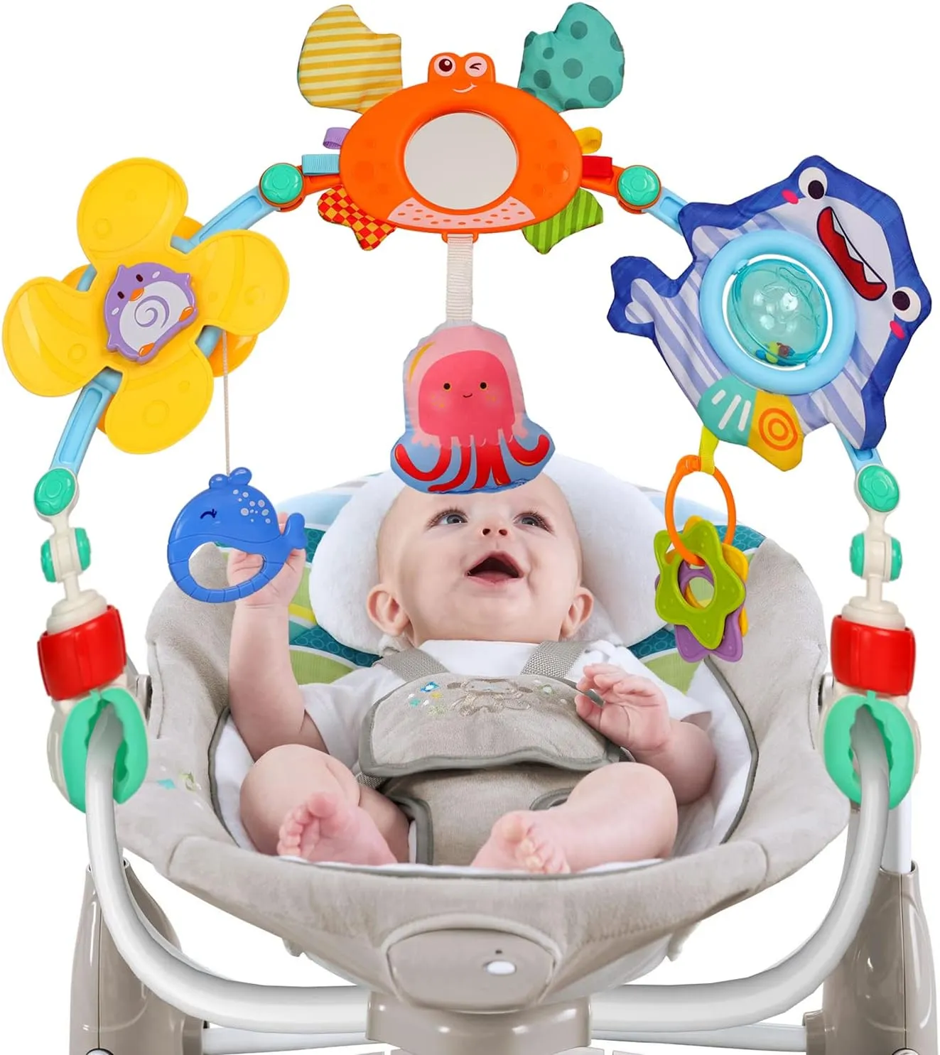 신생아용 몬테소리 아기 아치 장난감, 감각 활동 아기 유모차 장난감, 침대 침대 안전 좌석 걸이식 딸랑이, 편안한 장난감