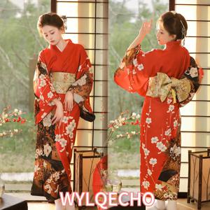 레드 기모노 일본 전통 유카타 하오리 기모노 코스프레 가운, 여성 여름 패션 사진 의류, 정장 드레스