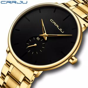 CRRJU-남성용 스테인레스 스틸 손목시계, 캐주얼 럭셔리 방수 스포츠 시계, 남성용 쿼츠 시계