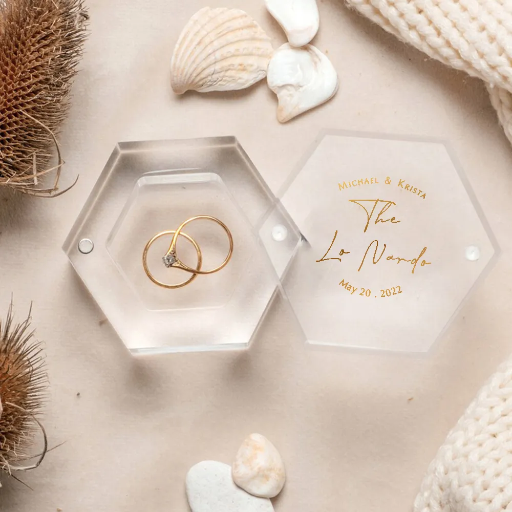 맞춤형 아크릴 투명 육각형 반지 상자, 개인 약혼 결혼 반지 상자 보관, 웨딩 장식, 신부 선물
