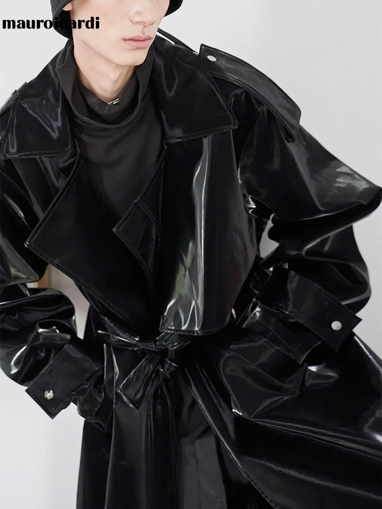 Mauroicardi 브랜드 롱 오버사이즈 럭셔리 광택 에나멜 가죽 트렌치 코트, 남성용 패션 2022 벨트 방수 레인 코트