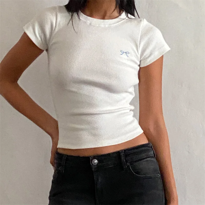 빈티지 활 그래픽 인쇄 하라주쿠 페어리코어 슬림 여성 티셔츠, 반팔 크롭탑, 카와이 Y2K 베이비 티, 2000 년대 여름