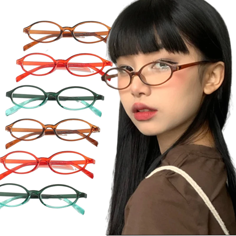 여성용 레트로 타원형 안경, Y2K 일본 및 한국 소녀, 레드 그린 프레임, 유리 안경, 장식 컴퓨터, 안티 블루 안경