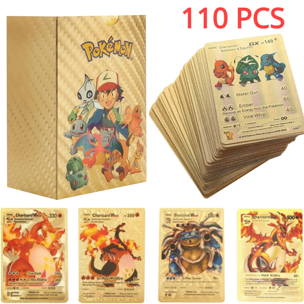 Cartas 포켓몬 골드 카드, 스페인어 영어 프랑스어 독일어 호일 실버 카드, 리자몽 Vmax Gx 게임 컬렉션 카드, 27-110 개, 신제품