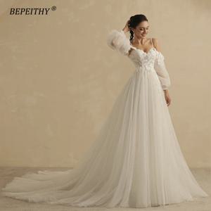 BEPEITHY-연인 반짝이 A 라인 웨딩 드레스, 여성을 위한 2022 신부 분리형 전체 소매 우아한 신부 파티 가운 럭셔리