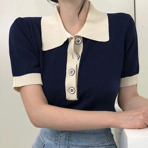 한국 봄 새로운 틈새 디자인 컬러 매칭 폴로 칼라 슬림 핏 슬리밍 짧은 소매 니트 티셔츠 탑