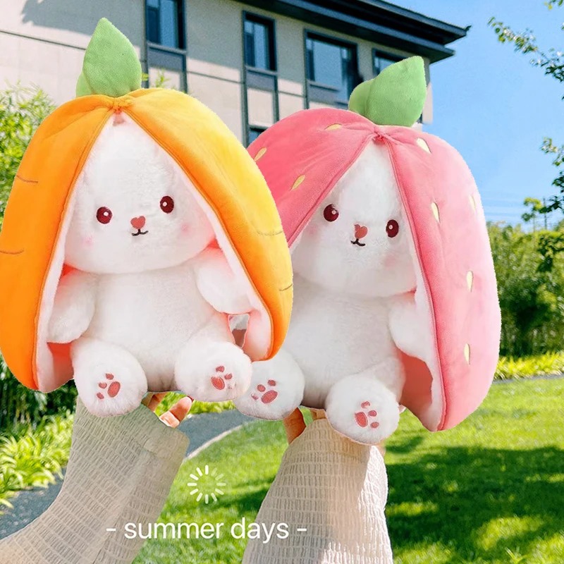 코스프레 딸기 당근 토끼 봉제 인형, 창의적인 가방, 과일 변신 아기 귀여움 토끼 봉제 인형, 25cm