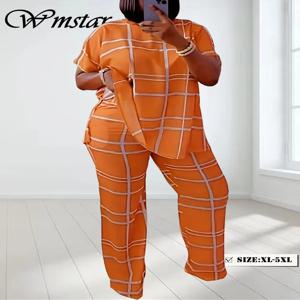 Wmstar 플러스 사이즈 여성용 투피스 의상, 루즈 스트라이프 반팔 상의, 와이드 레그 팬츠 세트, 운동복, 도매 직송