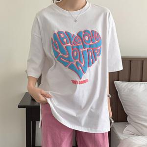 H스타일(BM)러브발포박스반팔티 봄 여름 여성 반팔 티셔츠 라운드 브이넥 박스핏 루즈핏 데일리