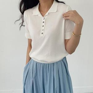 [어반프랑]리안 여성 셔츠 카라 여름 반팔 단추 소매 트임 니트 티셔츠
