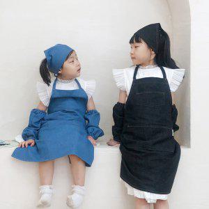 아동 남아 여아 어린이집 초등 미술 요리용 데님 원피스 앞치마 두건 토시 세트 블루 블랙