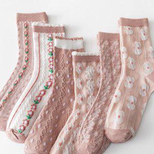여자 핑크 레이스 중목양말 6개 세트 플라워 프릴 분홍색 꽃무늬 묶음 선물