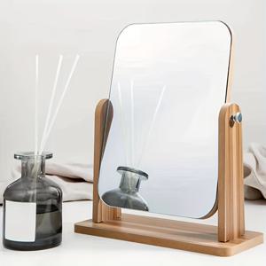1pc 나무 데스크탑 메이크업 거울, 일일 스킨 케어 및 메이크업을위한 회전 화장대 거울, 침실 욕실 거울 홈 인테리어