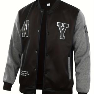 NY 프린트 바시티 재킷, 남성용 캐주얼 약간 신축성 있는 야구 재킷 대조 색상 스티칭 코트 정규 핏 대학 힙스터 윈드브레이커 봄 가을을 위한