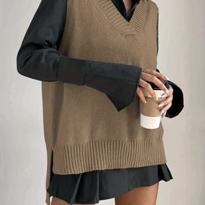 플러스 사이즈 캐주얼 스웨터 조끼, 여성용 플러스 솔리드 V 넥 하이 로우 밑단 약간의 스트레치 니트 조끼