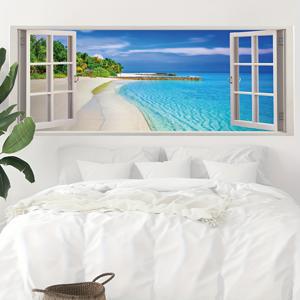 1pc 가짜 창문 풍경 해변 장식 벽 스티커, 셀프 접착식 제거 가능한 PVC 스티커, 거실 침실 장식 그림에 적합합니다