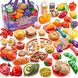 어린이 부엌을 위한 가짜 음식 - 78개의 절단 장난감 음식과 보관 가방, 야채, 과일, 피자 장난감이 있는 가짜 음식, 가짜 음식, 플레이 부엌 액세서리, 소년 소녀 선물