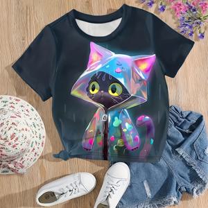여름 선물로 소녀들을 위한 3D 비옷 고양이 그래픽 크루넥 반팔 티셔츠