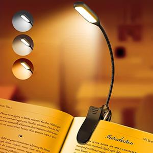 침대에서 읽는 독서용 LED 조명, 눈 건강을 생각한 조절 가능한 밝기 3가지 색상 온도 20시간 이상 사용 가능한 USB 독서 조명, 책에 클립하는 조명