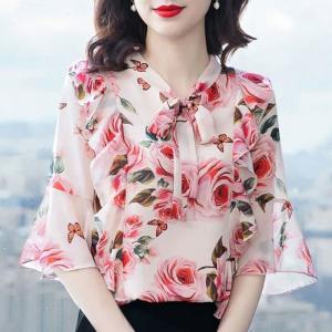 여름 블라우스 꽃무늬 여성 쉬폰 셔츠 루즈핏 레이스 시스루 브이넥