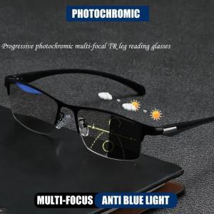 가벼운 뿔테 안경테 HUYING 프로그레시브 다초점 포토크로믹 독서 안경, 안티 블루 레이 TR90 티타늄 하프