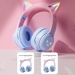 pc헤드셋 RGB 무선 헤드폰 귀여운 고양이 어린이 선물 헤드셋 마이크 포함 스테레오 음악 게임 제어 조명