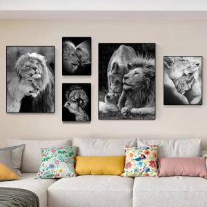 사자 가족 유화 캔버스 아트 포스터  인쇄 블랙 화이트 동물 북유럽 거실 벽 그림, 홈 인테리어