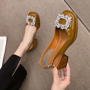 187735 여성 레트로 Chunky Heel 샌들, 세련된 라인석 장식 버클 스트랩 신발, 패션 슬링백 신발
