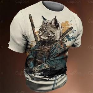 일본 사무라이 고양이 그래픽 티셔츠, 멋진 클래식 아트 스타일, 인쇄 티, O-넥 반팔, 루즈 탑, 남녀공용 패션