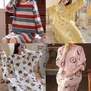 [신세계몰]긴팔 원피스 잠옷 봄 가을 캐릭터 파자마 여성 수면 여자 과일 동물 곰돌이 홈웨어