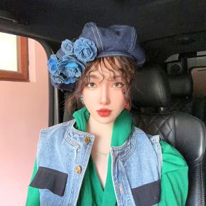 여름페도라 여름벙거지 여성용 빈티지 데님 베레모 모자 3D 꽃 블루 카멜리아 여름 캐주얼 화가