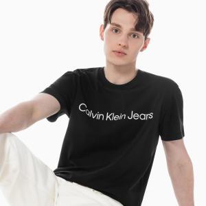 [CK] 남 블랙 레귤러핏 인스티튜셔널 로고 스트레치 반팔 티셔츠 J321612 BEH