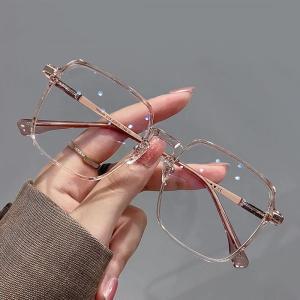 ？은뿔테 패션 대형 사각 안티 블루 라이트 안경 초경량 투명 금속 프레임 남녀 공용 컴퓨터 눈 보호