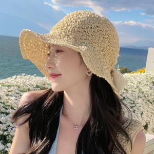 중년 여성 봄 여름 리본 라탄 모자 여행 휴양지 햇빛가리개 챙넓은 라피아햇_MC