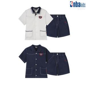 [엔비에이키즈]NBA 오픈 카라 반소매 셔츠 팬츠 세트 (K242SH001PT001P)_IGR
