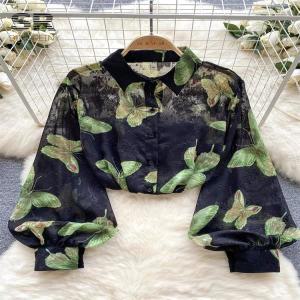 SINGREINY 꽃무늬 프린트 여성 셔츠 랜턴 슬리브 레트로 복고풍 엔틱 얇은 프렌치 루즈핏 패션 캐주얼 시크