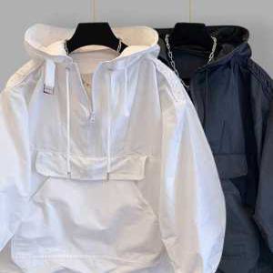 여름 바람막이 흰색 후드 루즈핏 캐주얼 커플 등산복