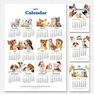 [신세계몰][3+1한정 이벤트!] 2024년 귀여운 동물 달력 강아지 고양이 포스터 캘린더 낱장 월별달력