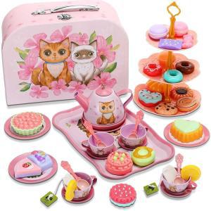 Halloscume 여아용 티 파티 세트 고양이 디자인 틴 장난감 주방 생일 선물 찻주전자 접시 찻잔 숟가락 디저