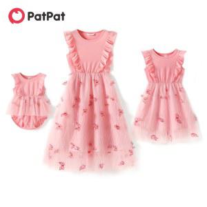PatPat 핑크 라운드 넥 러플 민소매 스플라이싱 나비 와 딸 패밀리 매칭 드레스
