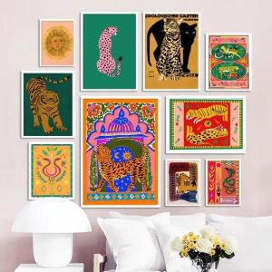 피포페인팅 다채로운 추상 포스터 및 인쇄 호랑이 표범 뱀 열대 정글 벽 아트 캔버스 그림, 거실 장식