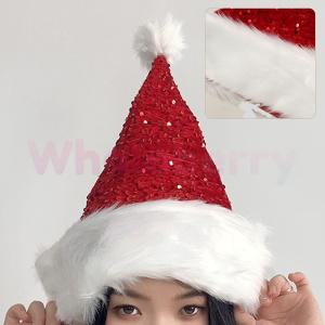 웨일베리3 반짝이산타 크리스마스모자 겨울 산타모 홈파티 레드 크리스마스파티룩 털모자