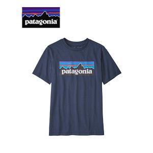 파타고니아 키즈 리제너레이티브 오가닉 코튼 P-6 로고 반팔 티셔츠 클래식 네이비