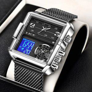 남성시계 LIGE 패션 블랙 스틸 시계 남성용 디지털 듀얼 디스플레이 시계 스포츠 크로노그