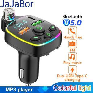 JaJaBor 블루투스 5.0 FM 송신기 풀 엠 언트 라이트 타입 C 듀얼 Usb 고속 충전 핸즈프리 자동차 키트 Mp3