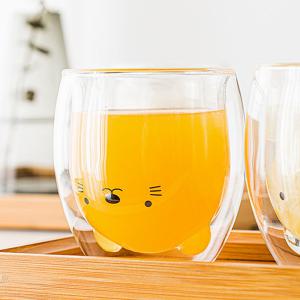 [오너클랜]행복카페 이중 유리컵 고양이 내열 동물컵
