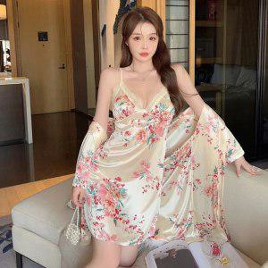 찜질복 여성용 실크 새틴 광택있는 한 레이스 잠옷 세트 프린트 목욕 가운 드레스 여름 2 개