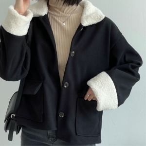 [NS홈쇼핑]여자 몽구스 양털 덤블 배색 카라 루즈핏 자켓 코트[33695764]