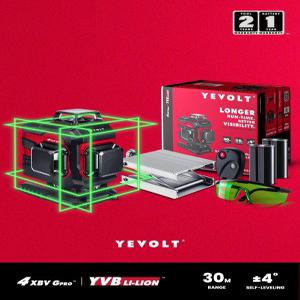 레벨기  YEVOLT YVGLL4XS16DP GR 그린 레이저 하루 종일 작업용 기계 미세 조정 리프팅 베이스 배터리 안경